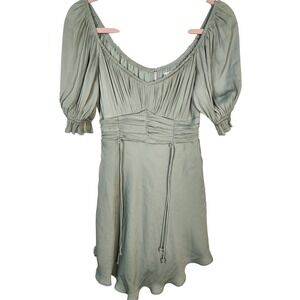 Saints + Secrets Dress Sage Green Short Sleeve‎ Flirty Fun Mini Tie Front Womens